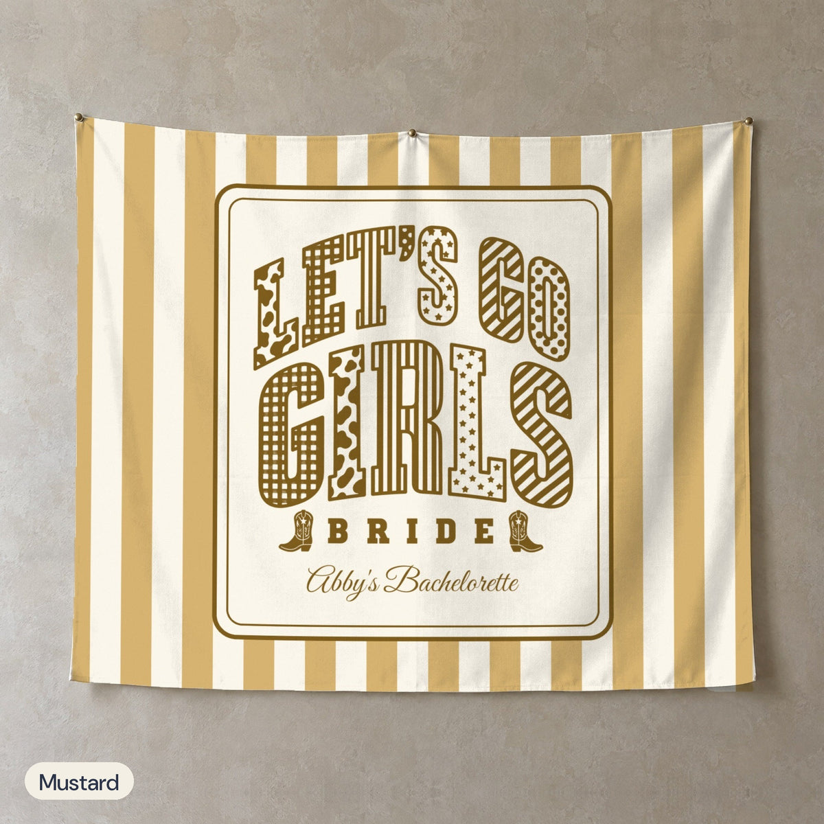 Let's Go Girls personalized wall tapestry, Mustard stripes