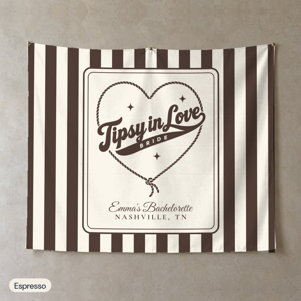 Tipsy In Love personalized wall tapestry, Espresso stripes