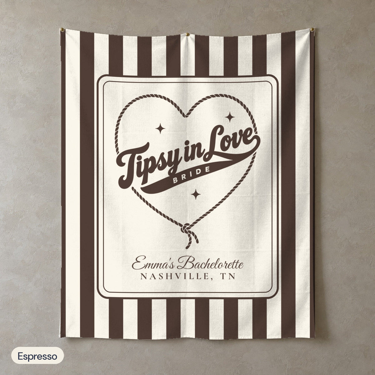 Tipsy In Love personalized wall tapestry in portrait, Espresso