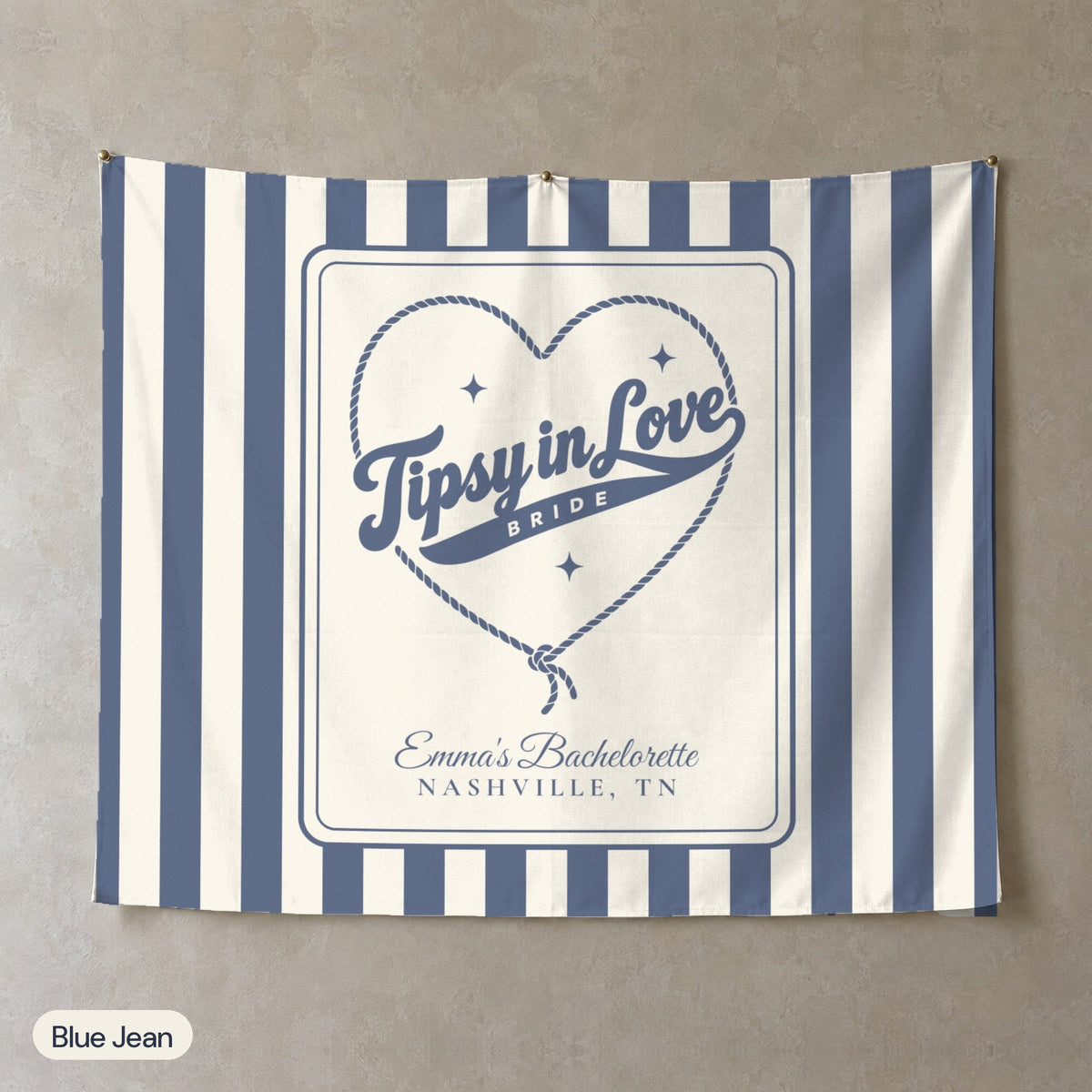 Tipsy In Love personalized wall tapestry, Blue Jean stripes