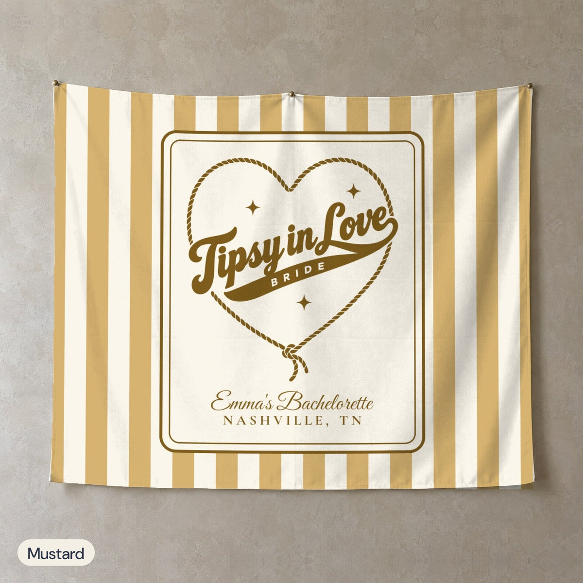 Tipsy In Love personalized wall tapestry, Mustard stripes