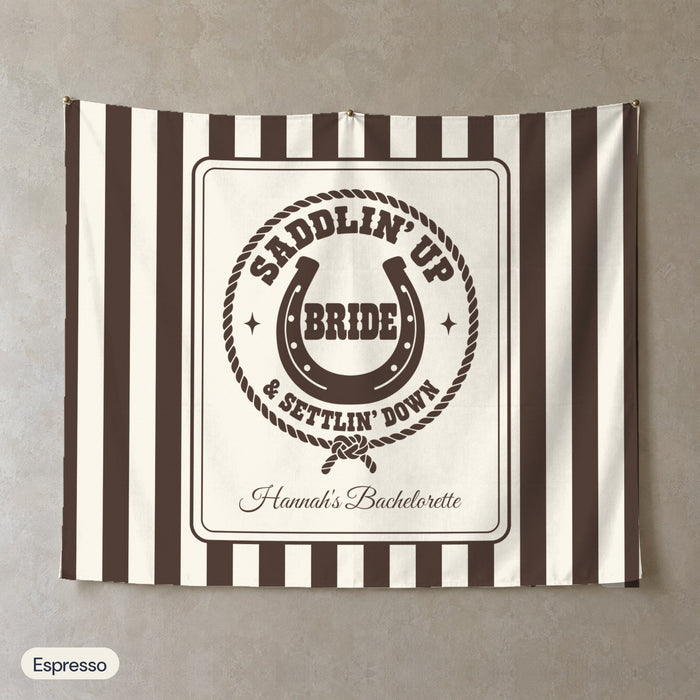 Saddlin' Up & Settlin' Down personalized wall tapestry, Espresso stripes