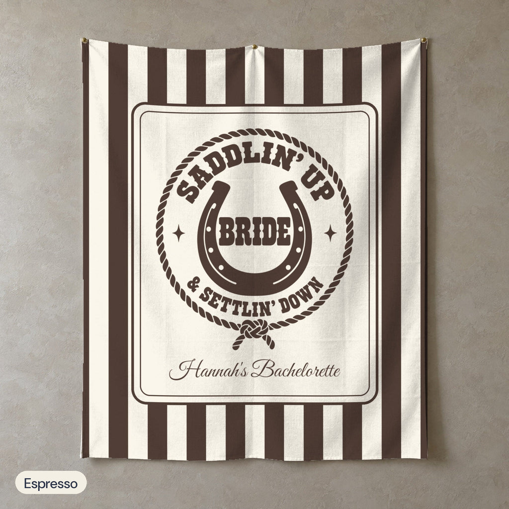 Saddlin' Up & Settlin' Down personalized wall tapestry in portrait, Espresso