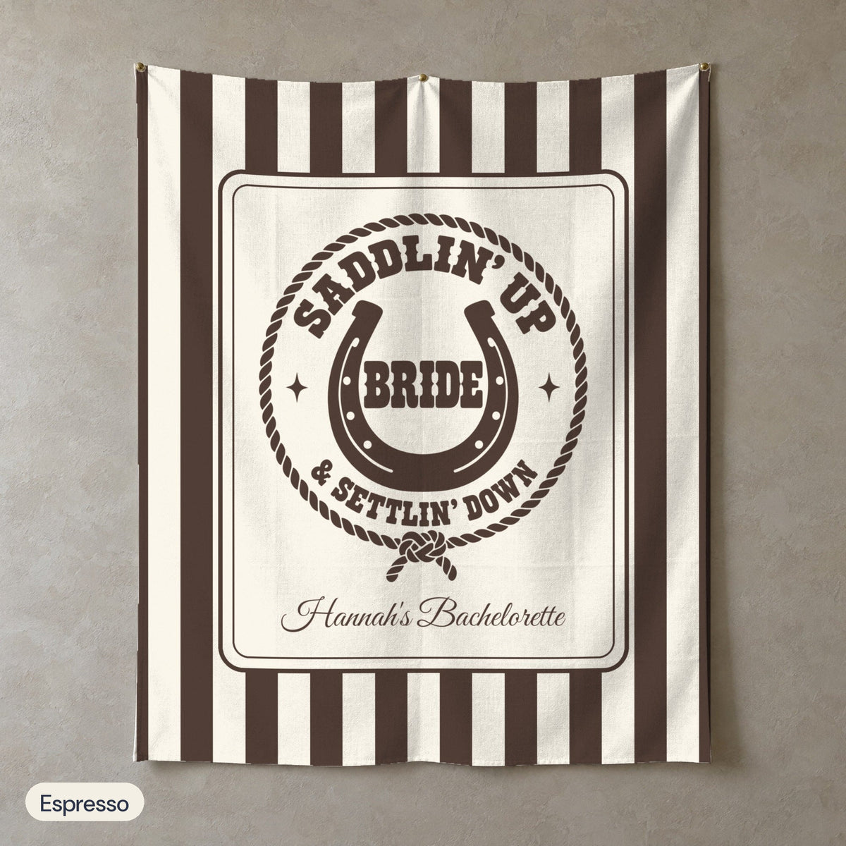 Saddlin' Up & Settlin' Down personalized wall tapestry in portrait, Espresso