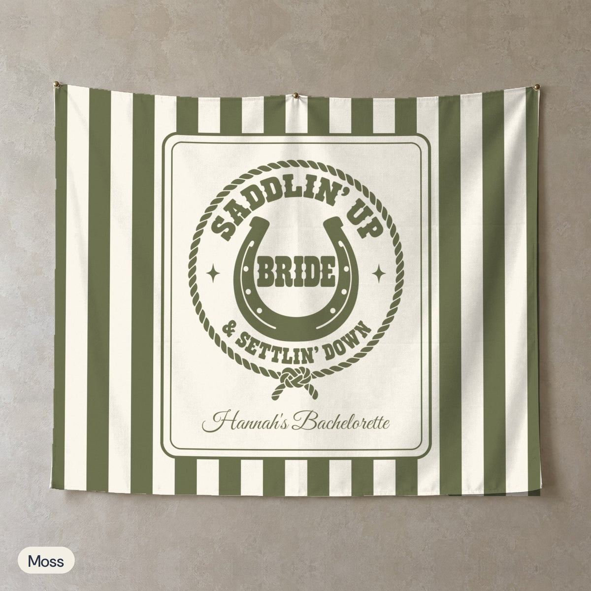 Saddlin' Up & Settlin' Down personalized wall tapestry, Moss stripes