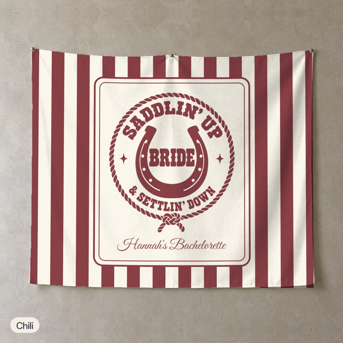 Saddlin' Up & Settlin' Down personalized wall tapestry, Chili stripes