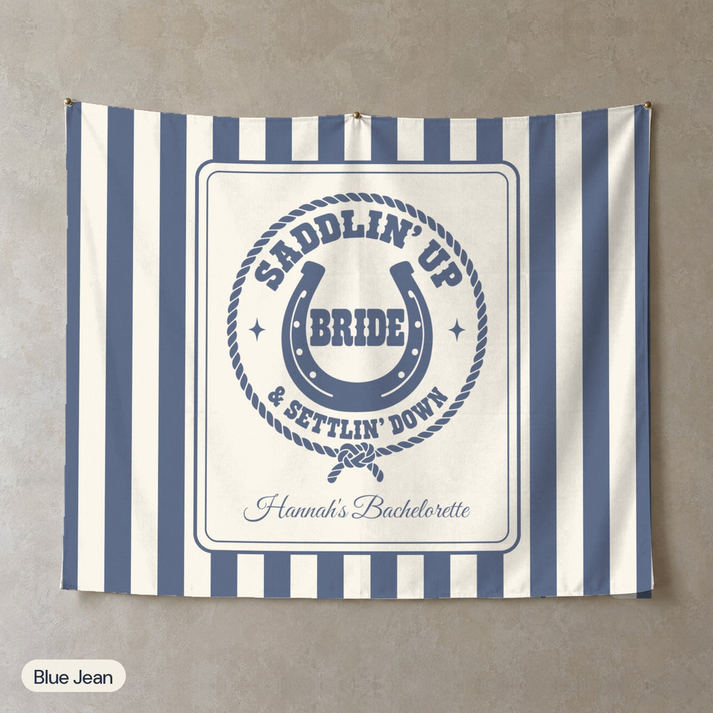 Saddlin' Up & Settlin' Down personalized wall tapestry, Blue Jean stripes