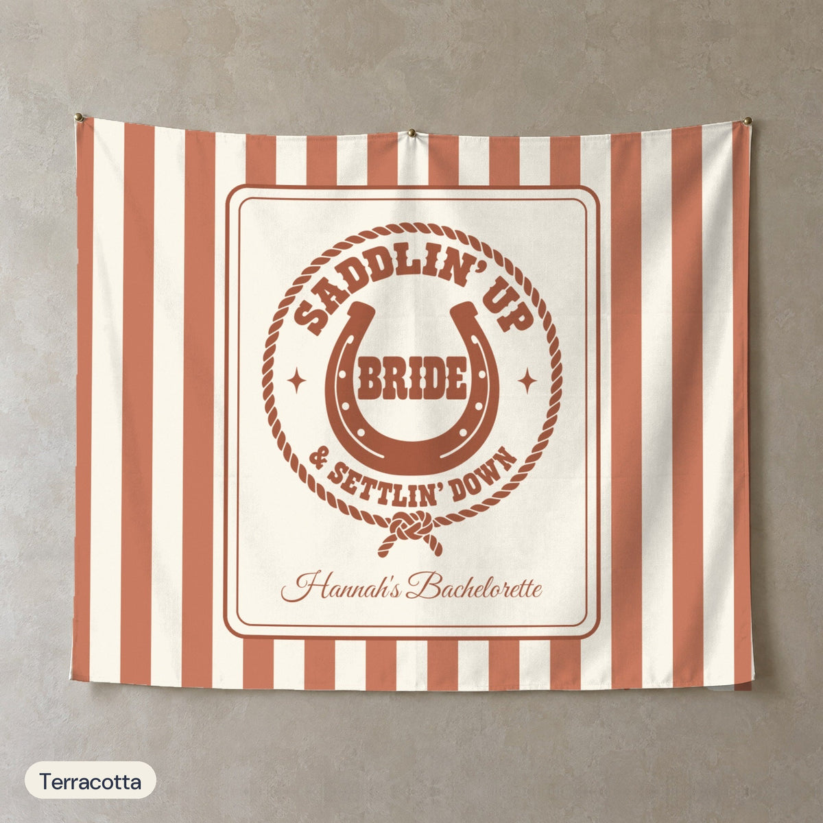 Saddlin' Up & Settlin' Down personalized wall tapestry, Terracotta stripes