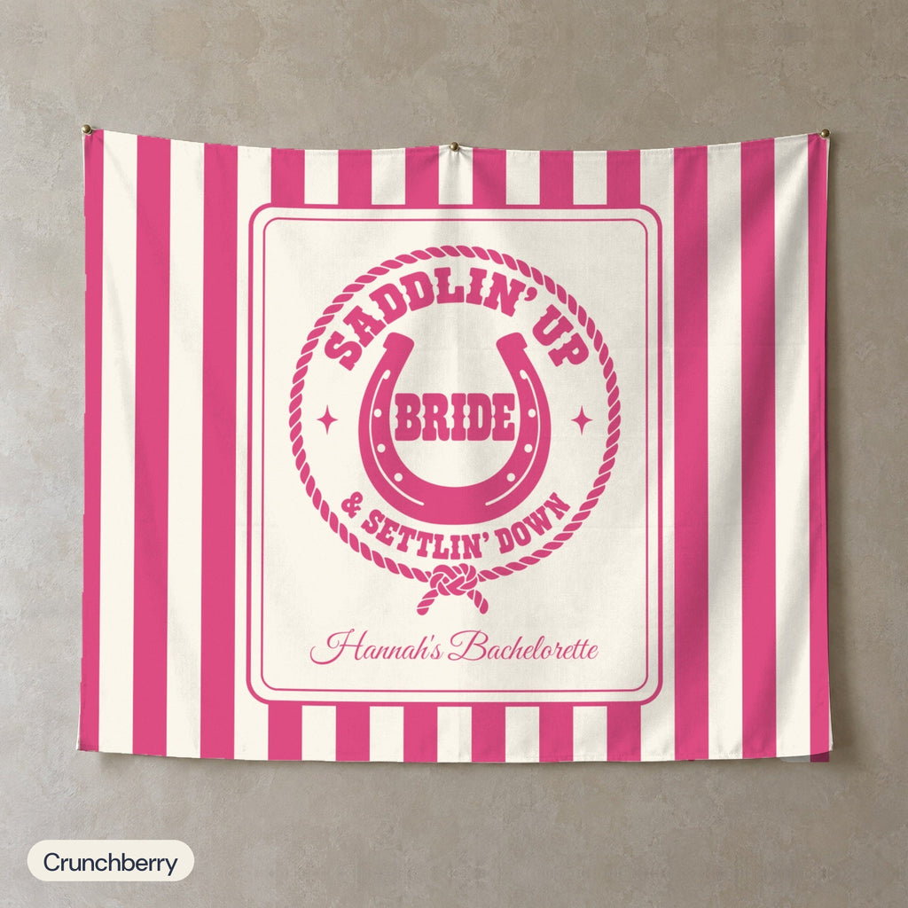 Saddlin' Up & Settlin' Down personalized wall tapestry, Crunchberry stripes