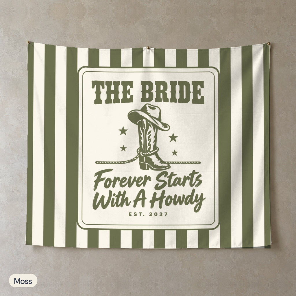 Forever Starts With A Howdy personalized wall tapestry, Moss stripes