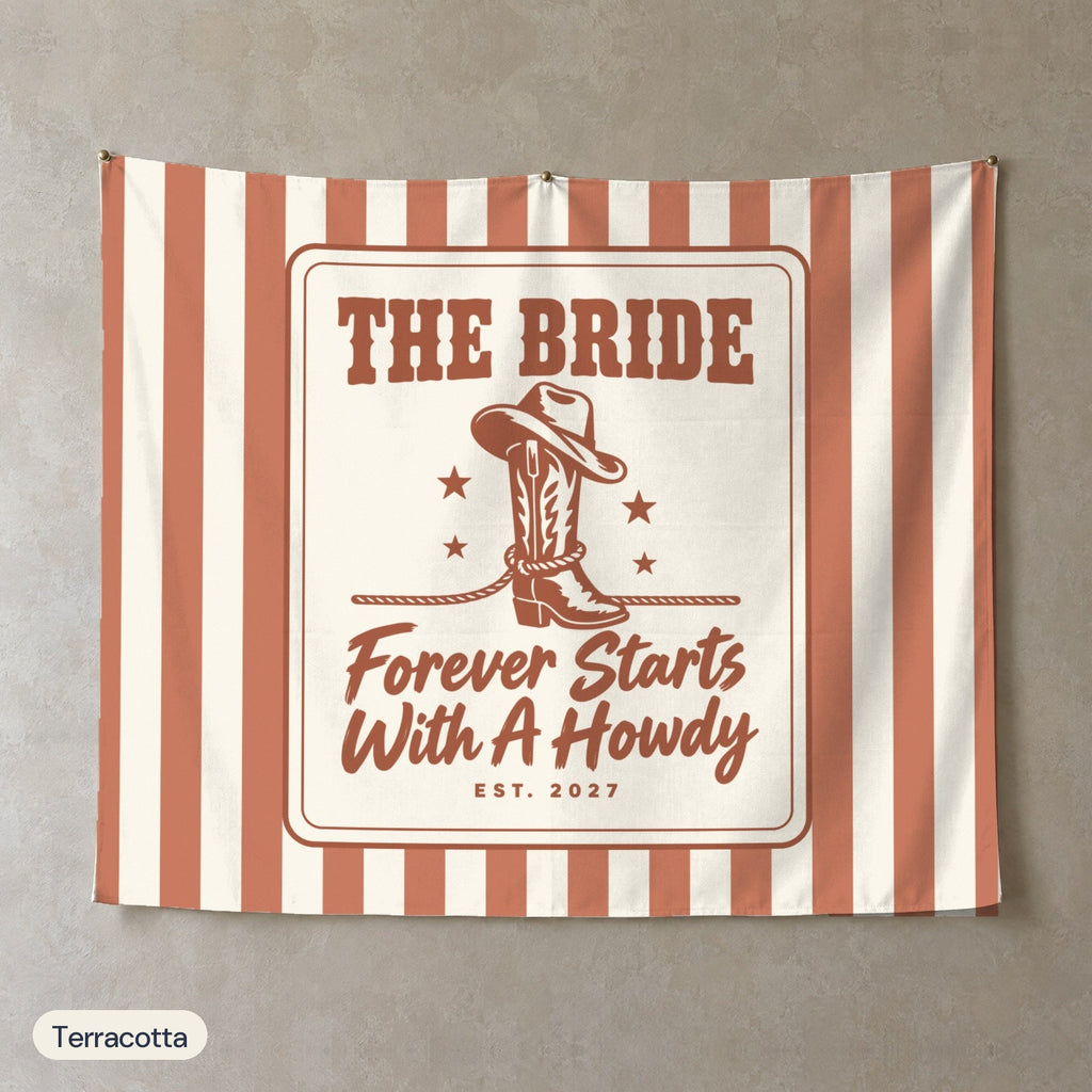Forever Starts With A Howdy personalized wall tapestry, Terracotta stripes