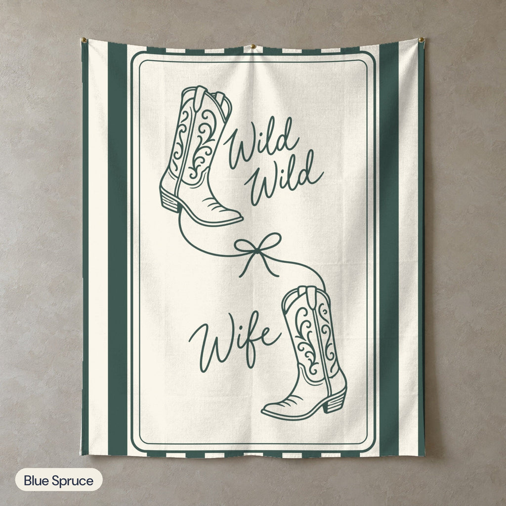 Wild Wild Wife personalized wall tapestry in portrait, Blue Spruce