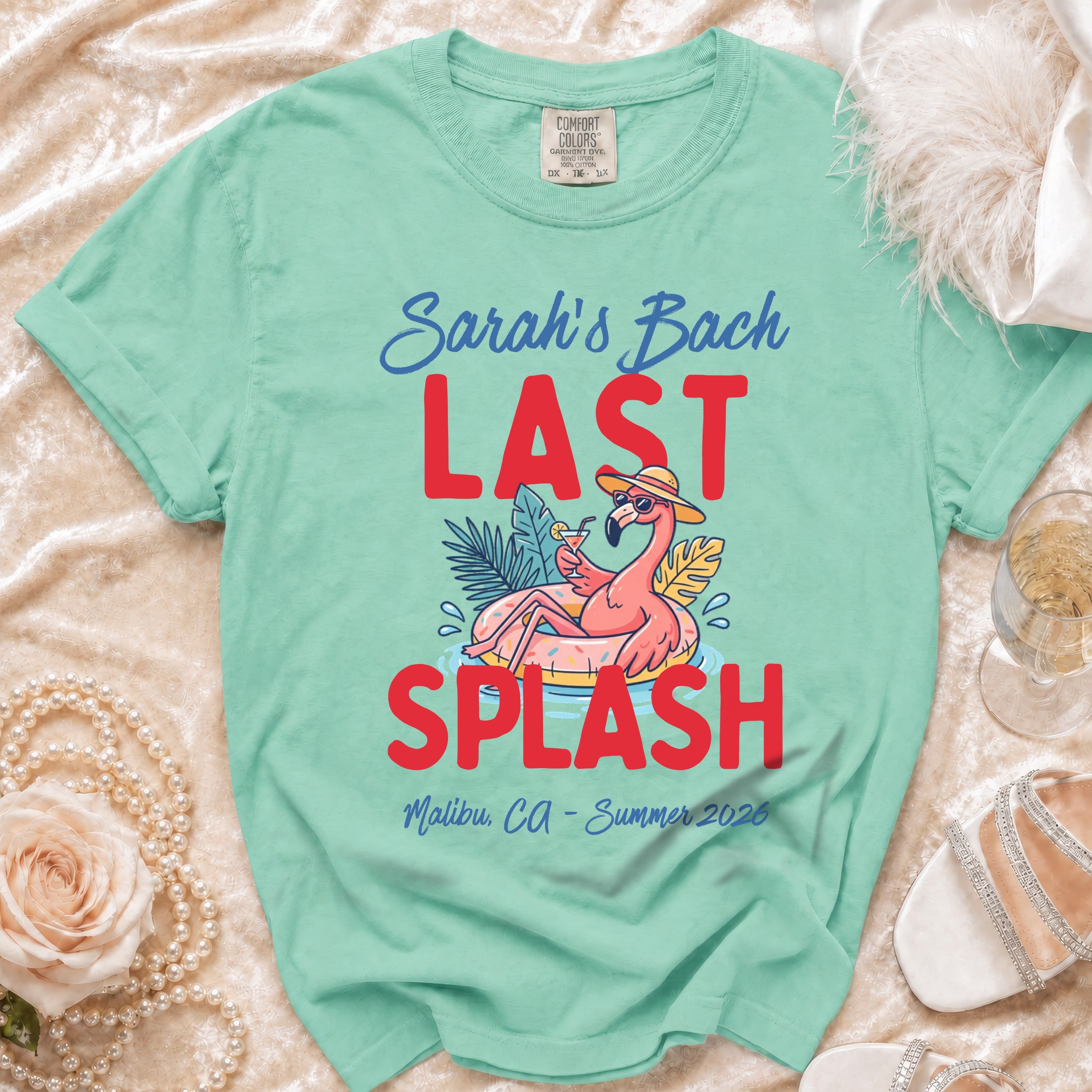 Sarah's Bach Last Splash shirt with flamingo in Malibu, Ca - Summer 2026.