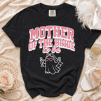 Black t-shirt with "Mother of the Bride to Be" text and a ghost graphic.