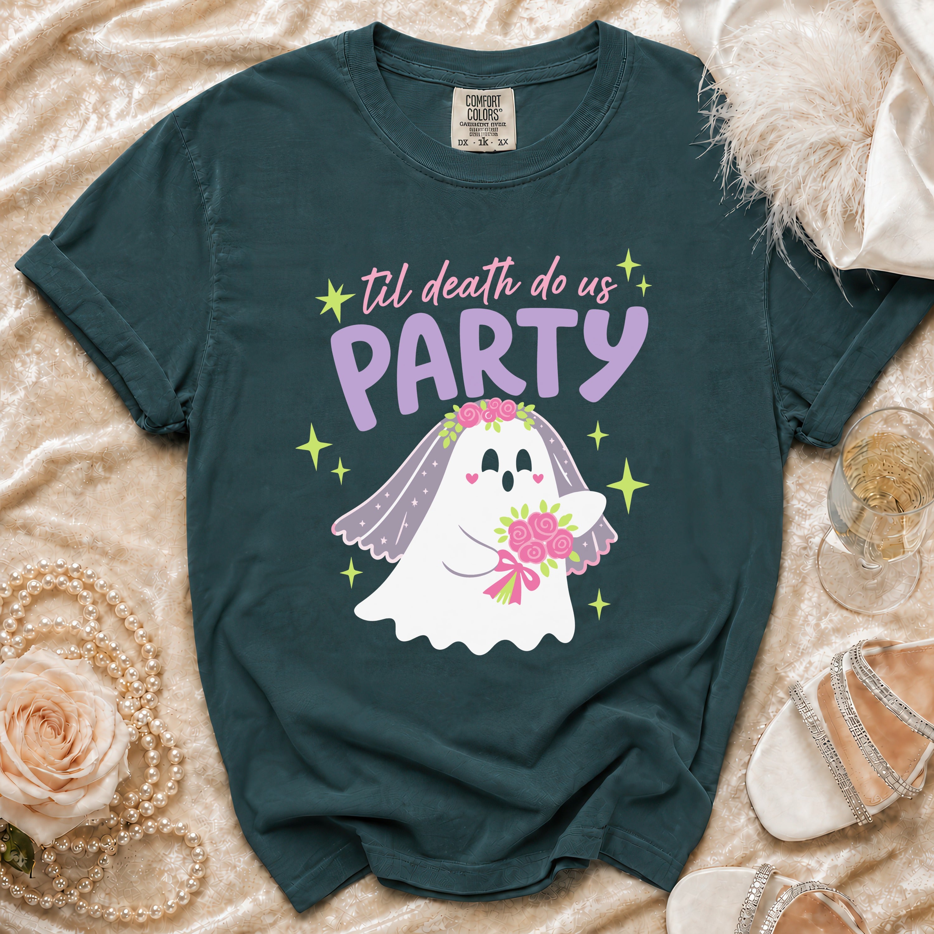 Ghost bride graphic t-shirt with text 'til death do us PARTY.