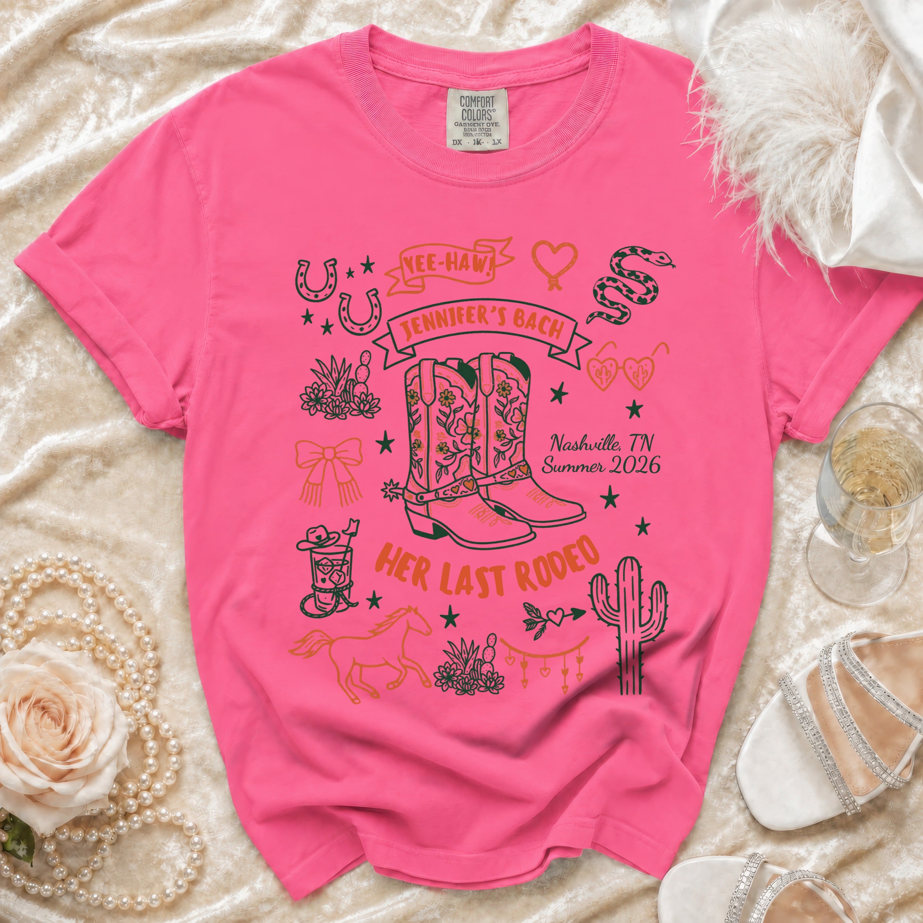 Pink t-shirt with "Jennifer's Bach" and "Her Last Rodeo" designs.