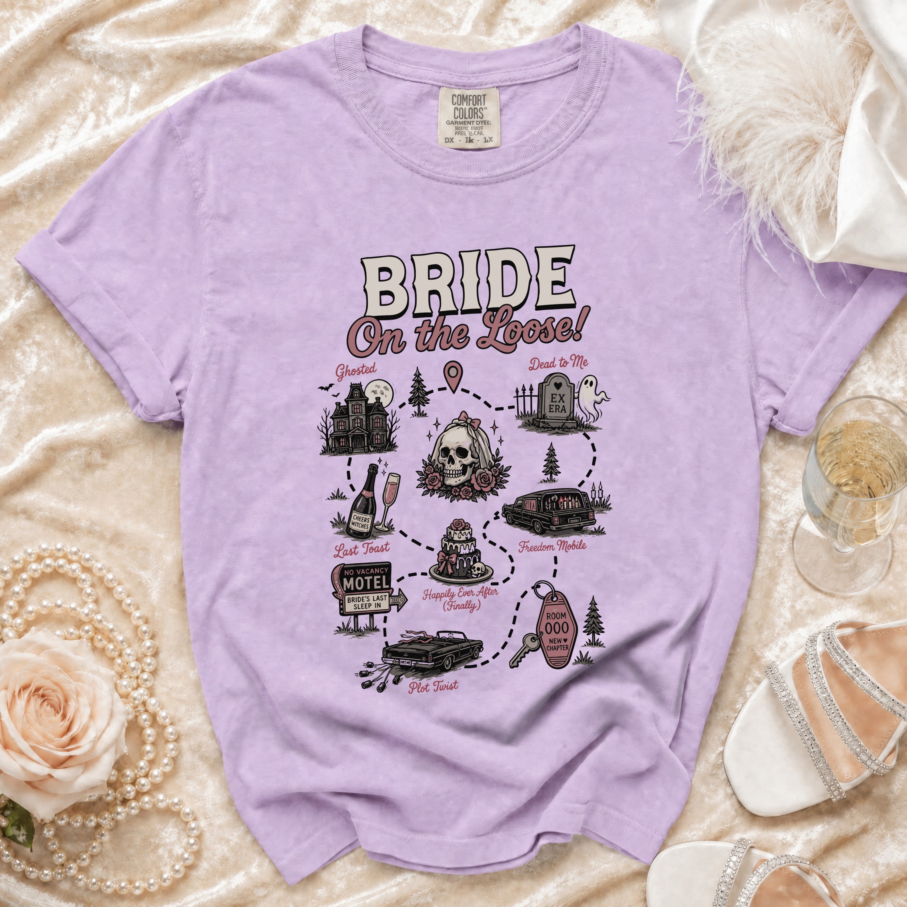 Lavender t-shirt with "BRIDE On the Loose!" map graphic and bachelorette party scenes.