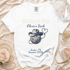 White t-shirt with "Reckless in Texas Olivia's Bach Austin, TX Summer 2026" design.