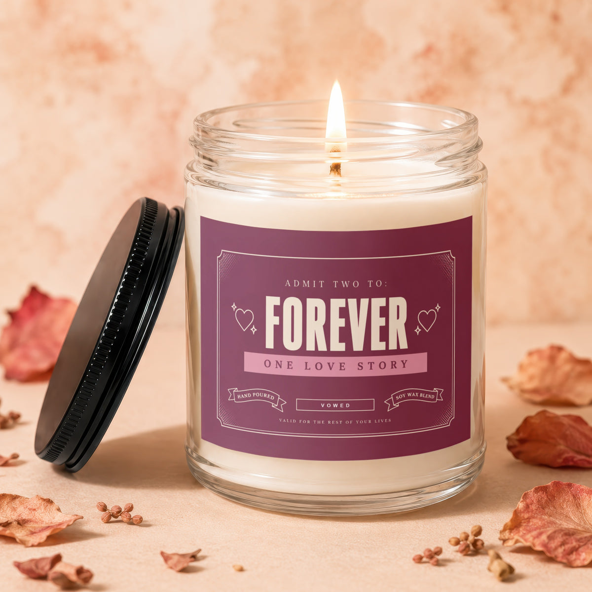 Jar candle with "Forever One Love Story" text, hand poured soy wax blend.