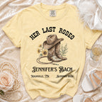Yellow t-shirt with "Her Last Rodeo Jennifer's Bach Nashville, TN Summer 2026" text.