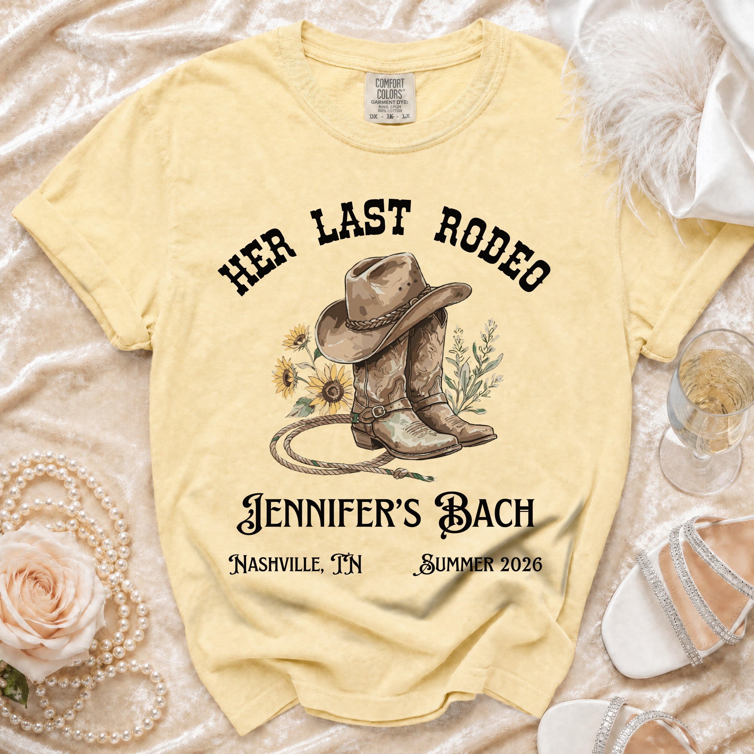 Yellow t-shirt with "Her Last Rodeo Jennifer's Bach Nashville, TN Summer 2026" text.