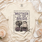 Cream t-shirt with "Mother of the Bride" Halloween-themed graphic.