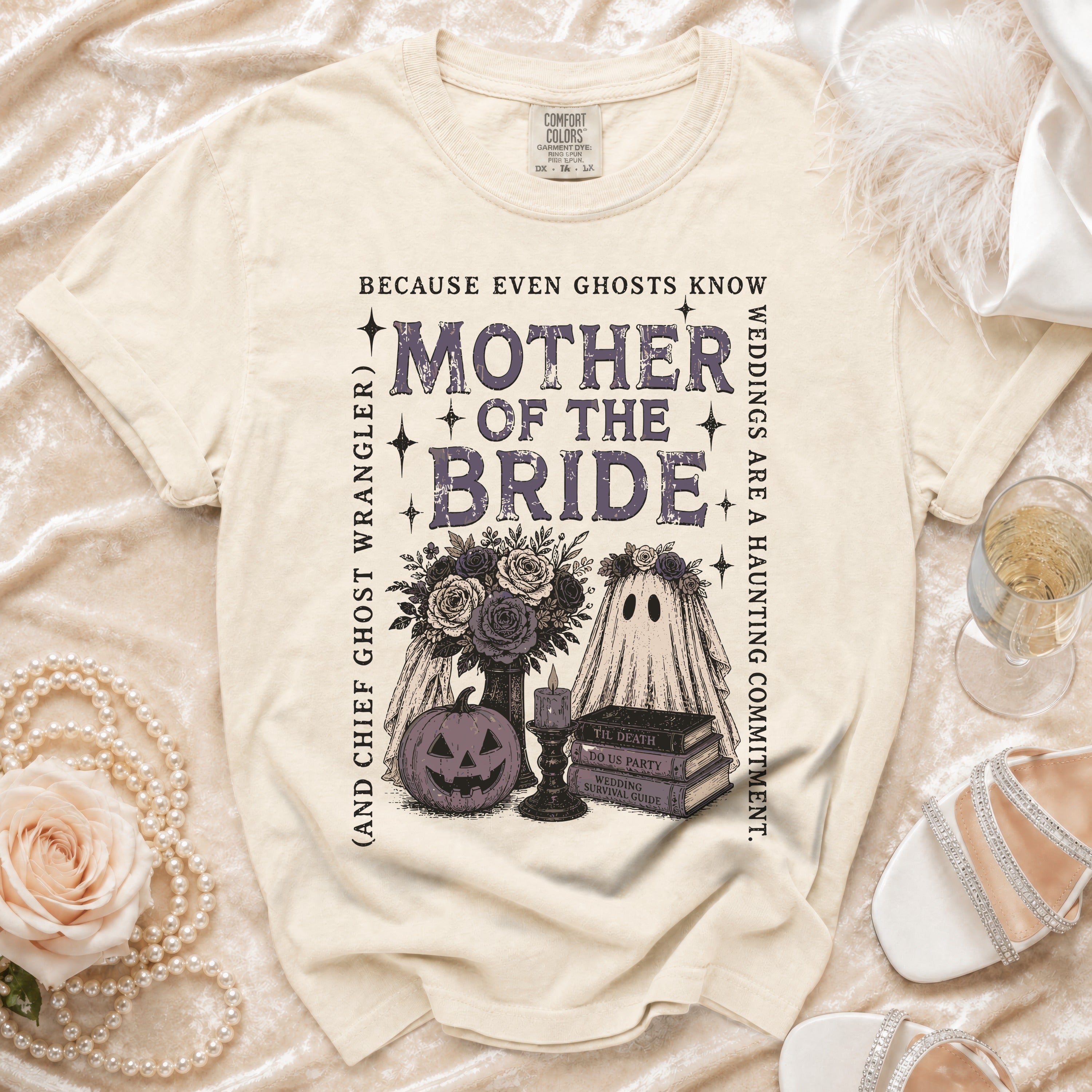 Cream t-shirt with "Mother of the Bride" Halloween-themed graphic.