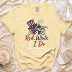 Yellow t-shirt with "Red, White & I Do" text, patriotic graphics, and bachelorette details.