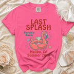 Pink t-shirt with "Last Splash Sarah's Bach Malibu, CA Summer 2026" text.