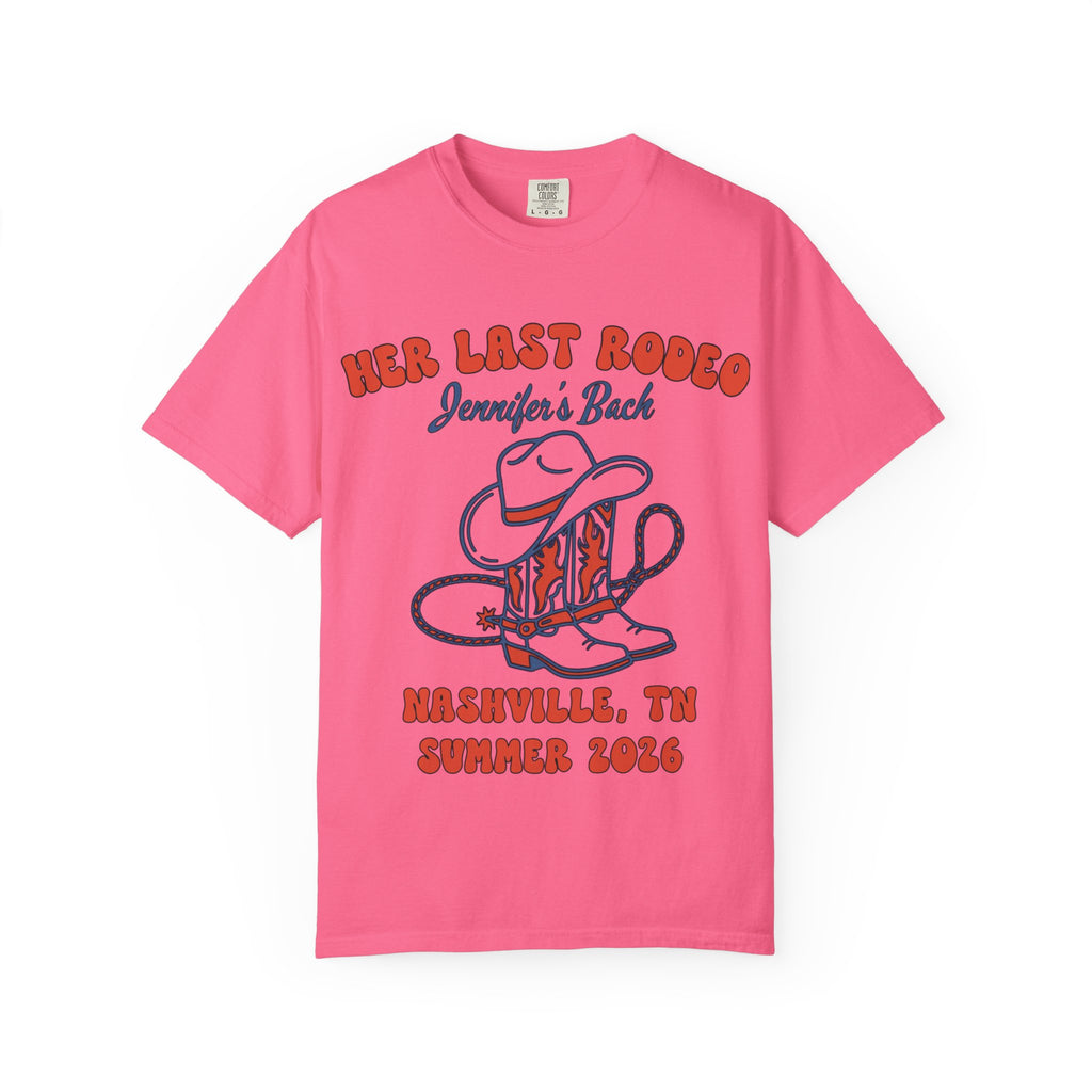 Pink t-shirt with cowboy hat, boots, and text "HER LAST RODEO Jennifer's Back NASHVILLE, TN SUMMER 2026".