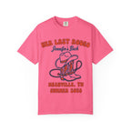 Pink t-shirt with cowboy hat, boots, and text "HER LAST RODEO Jennifer's Back NASHVILLE, TN SUMMER 2026".