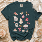 Teal t-shirt with various wedding-themed illustrations and the text "I do!", "future mrs.", and "Just Married".