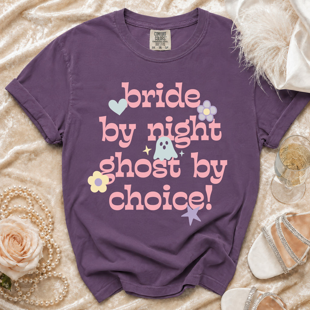 Purple t-shirt with "bride by night ghost by choice!" text and playful graphics.