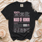 Black t-shirt with "Maid of Honor" text and wedding-related icons and ingredients.