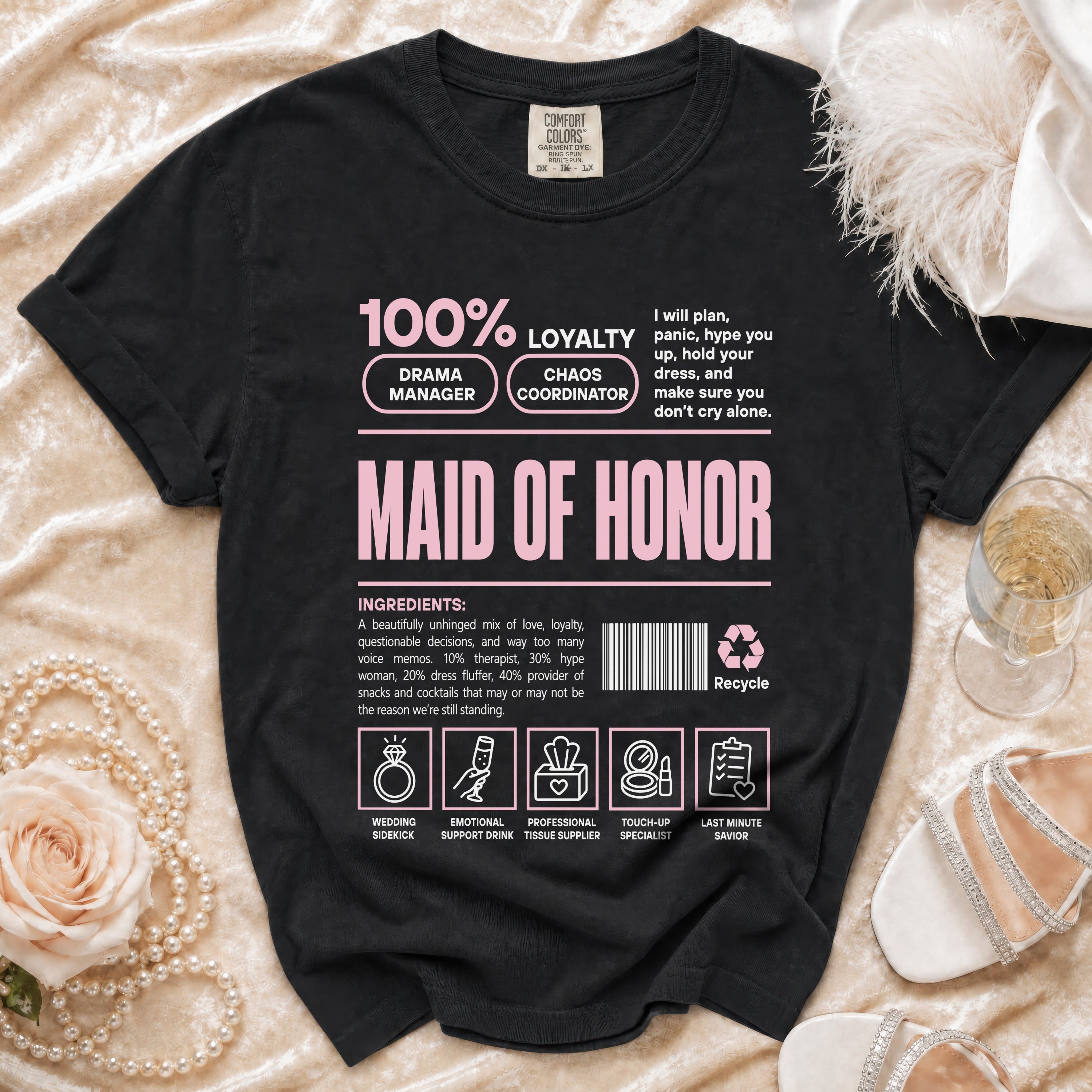 Black t-shirt with "Maid of Honor" text and wedding-related icons and ingredients.