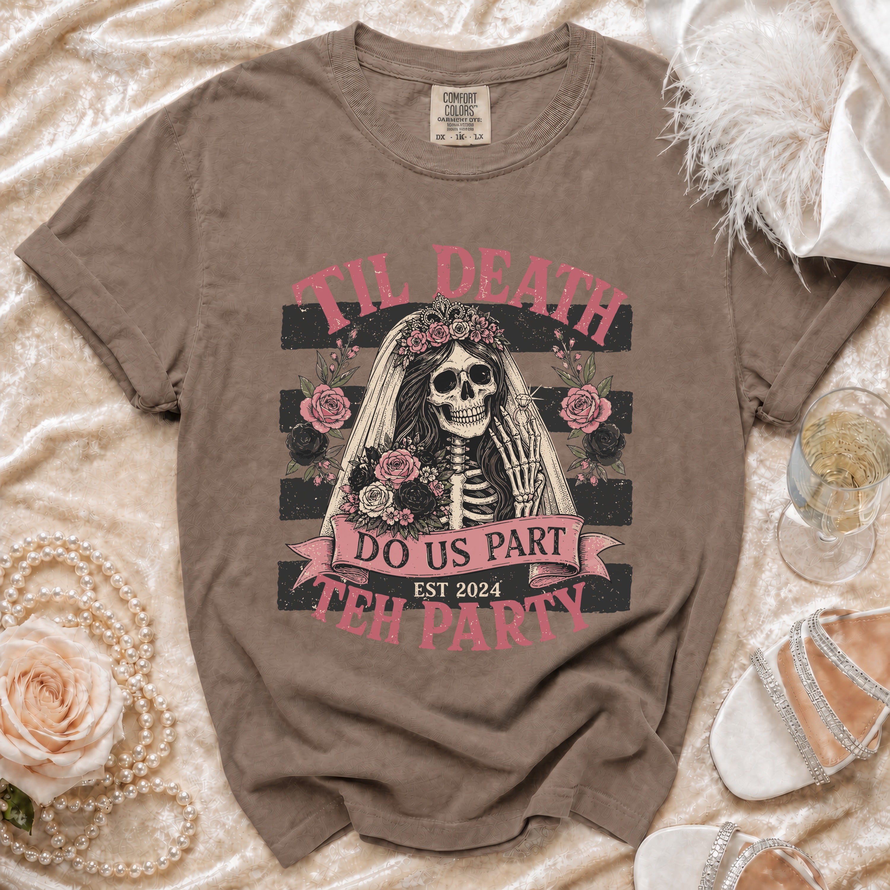 Brown t-shirt with skeleton bride graphic and text "Til Death Do Us Part Est 2024 Teh Party".
