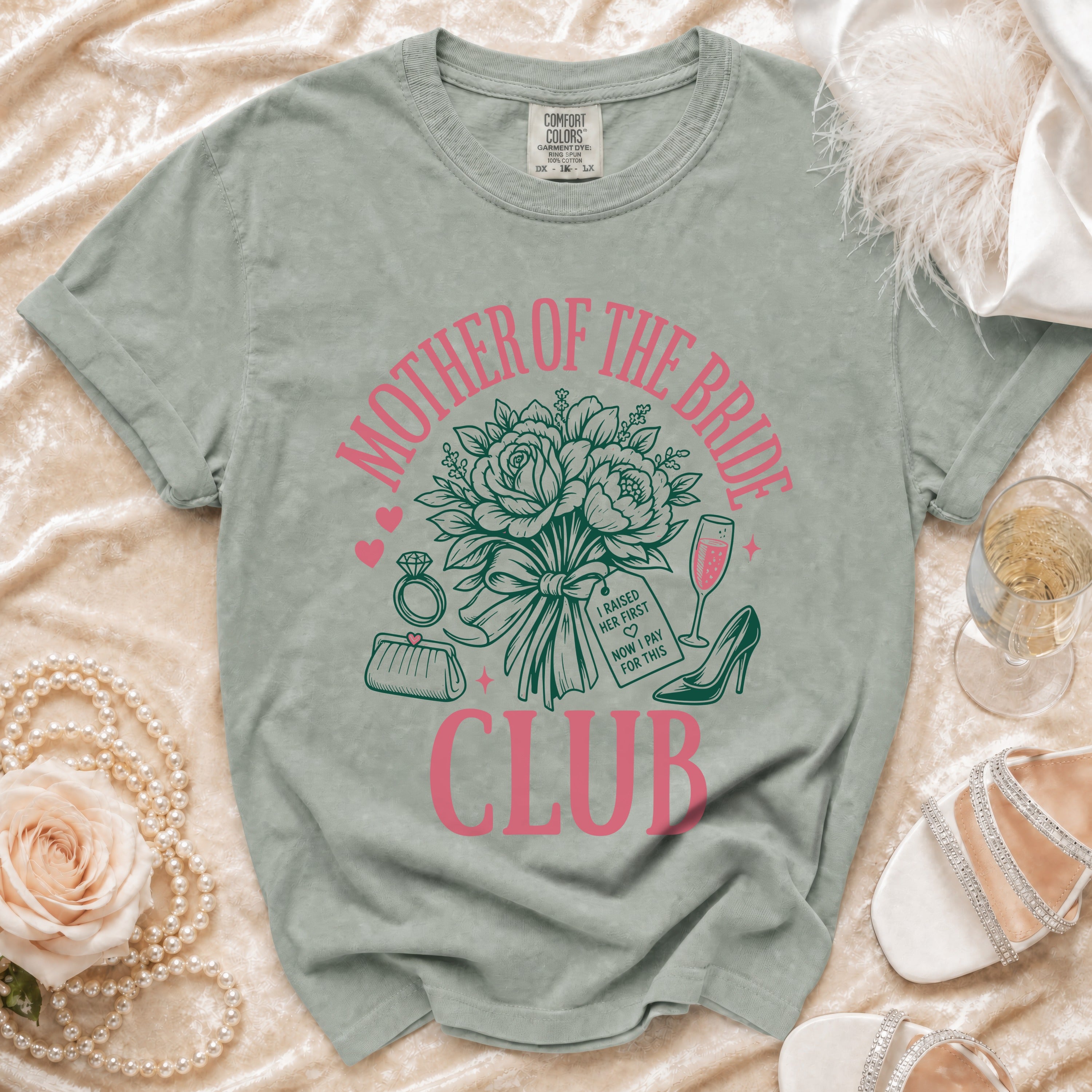 Mother of the Bride Club t-shirt with floral graphics and wedding accessories.