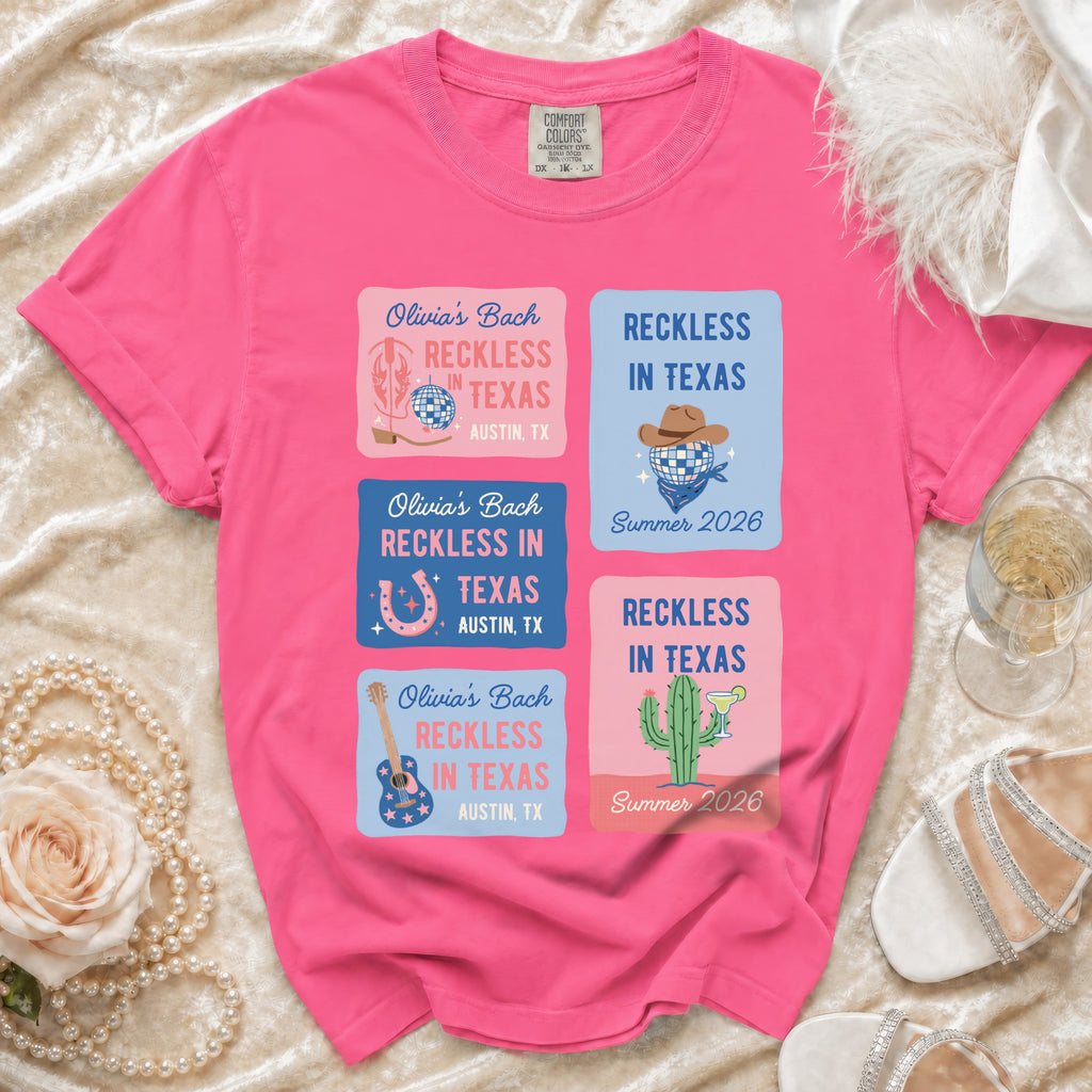 Pink t-shirt with four square graphics for "Olivia's Bach" in Texas.