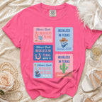 Pink t-shirt with four square graphics for "Olivia's Bach" in Texas.