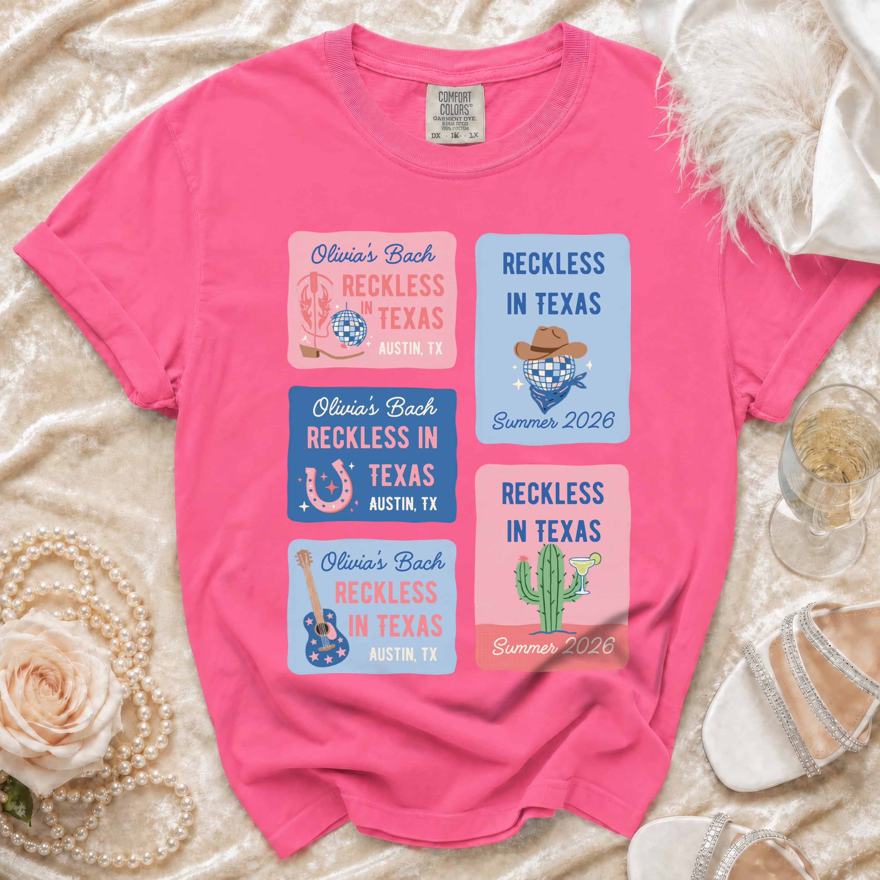 Pink t-shirt with four square graphics for "Olivia's Bach" in Texas.
