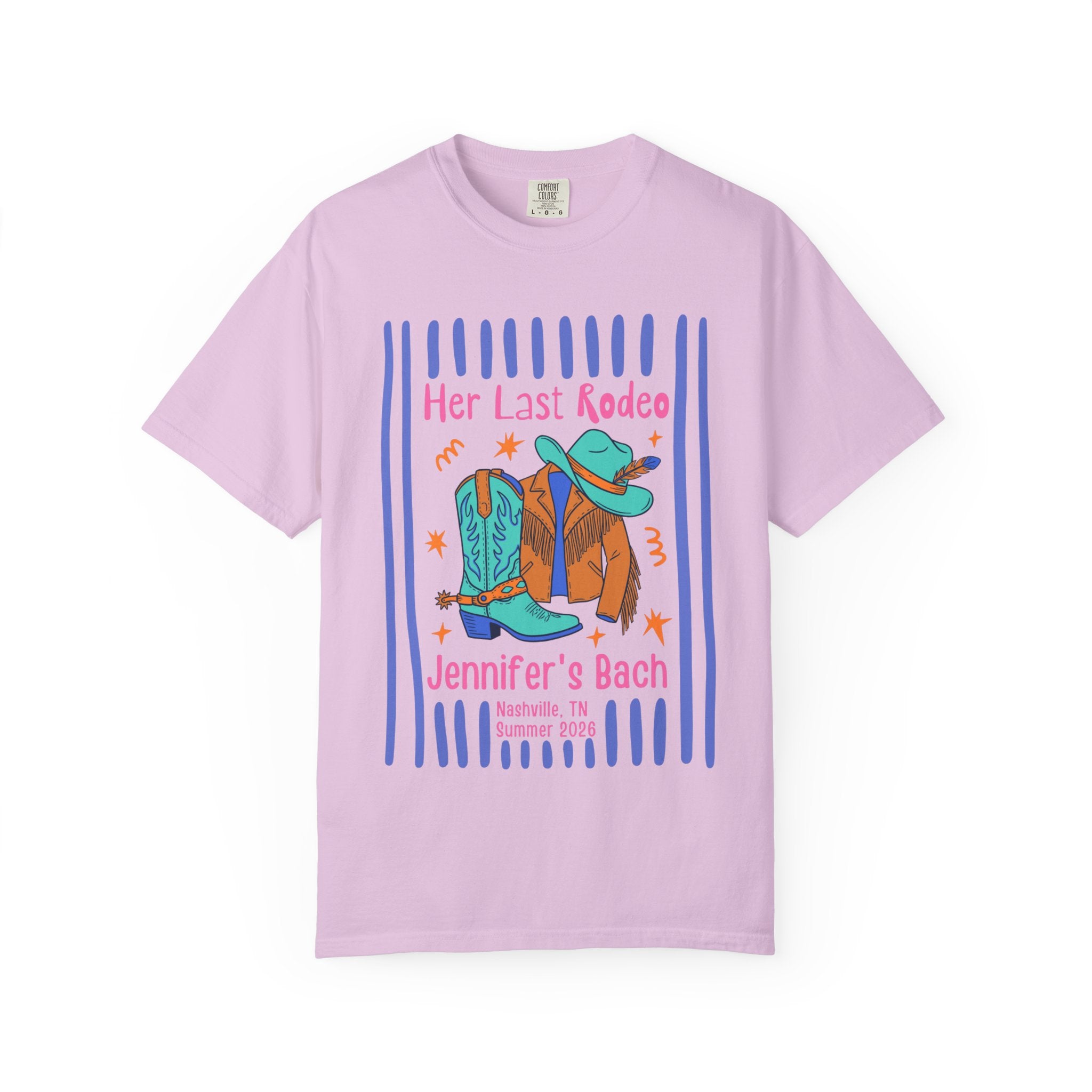 T-shirt with "Her Last Rodeo" and "Jennifer's Bach" text, cowboy boots, and hat.