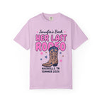 Pink t-shirt with "Jennifer's Bach Her Last Rodeo Nashville, TN Summer 2026" text and cowboy boot.