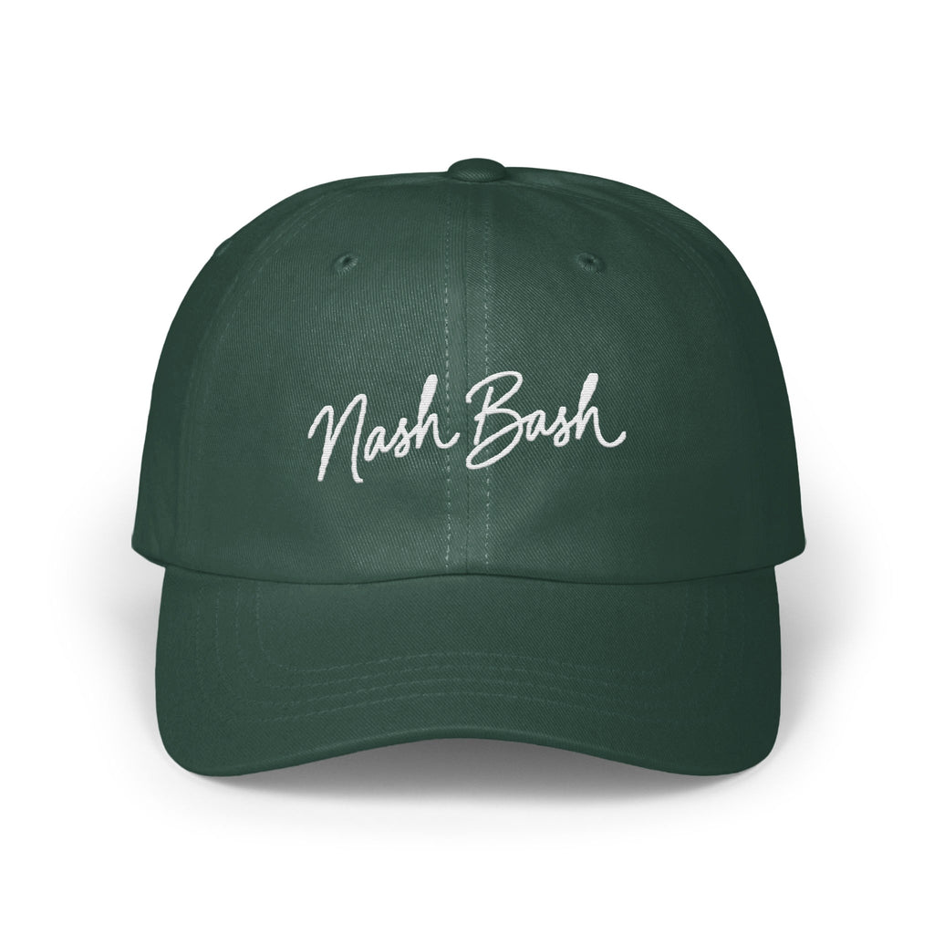 Dark green baseball cap featuring the white embroidered text Nash Bash on the front panel.