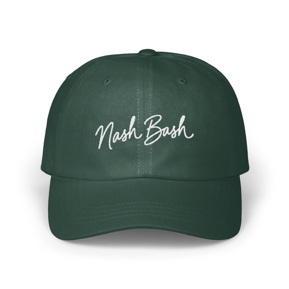 Dark green baseball cap featuring the white embroidered text Nash Bash on the front panel.