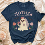 "Mother of the Bride" text with a ghost wearing heart sunglasses and holding coffee.