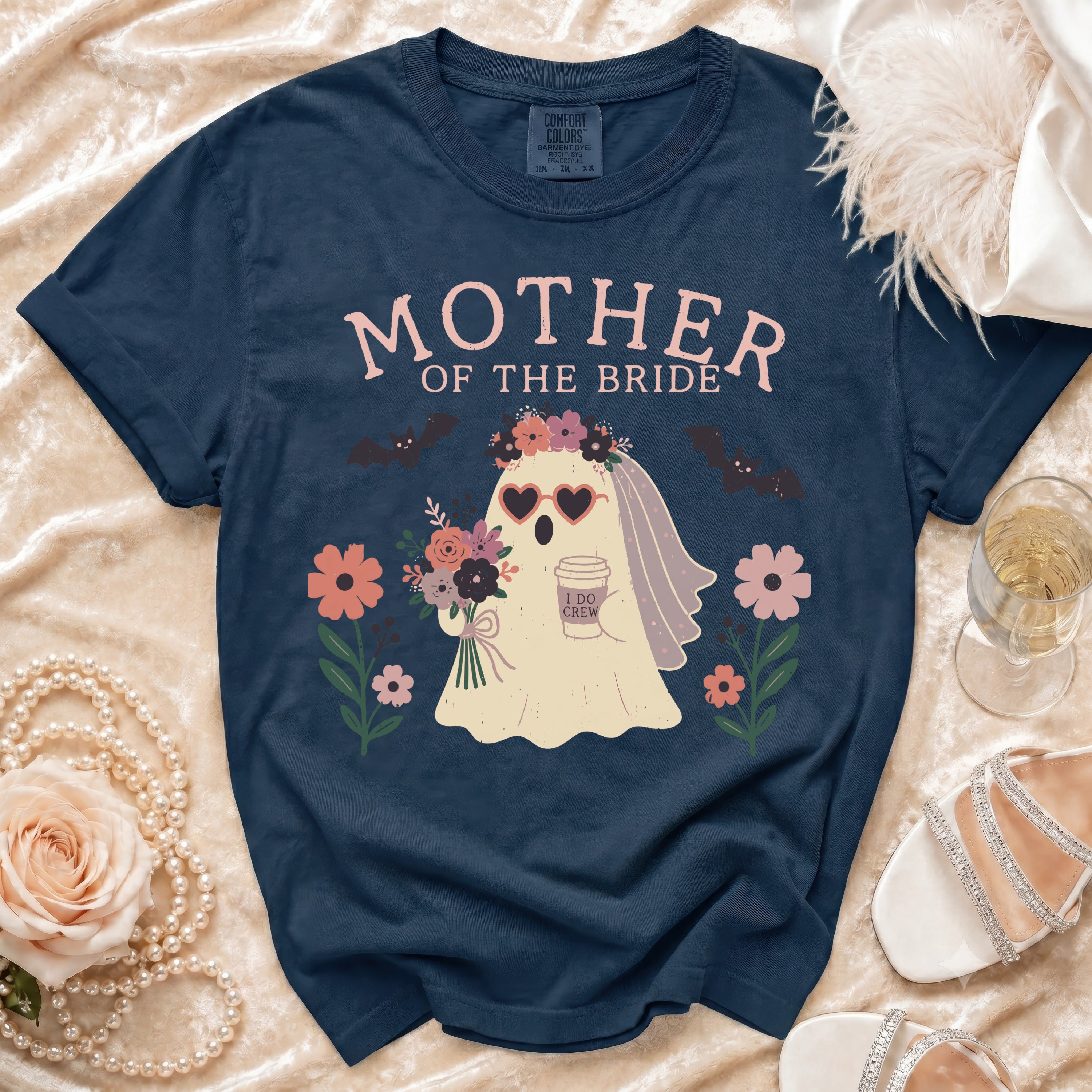 "Mother of the Bride" text with a ghost wearing heart sunglasses and holding coffee.