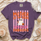 Purple shirt with ghost graphic saying "Mother of the Bride Spookin' Fabulous."