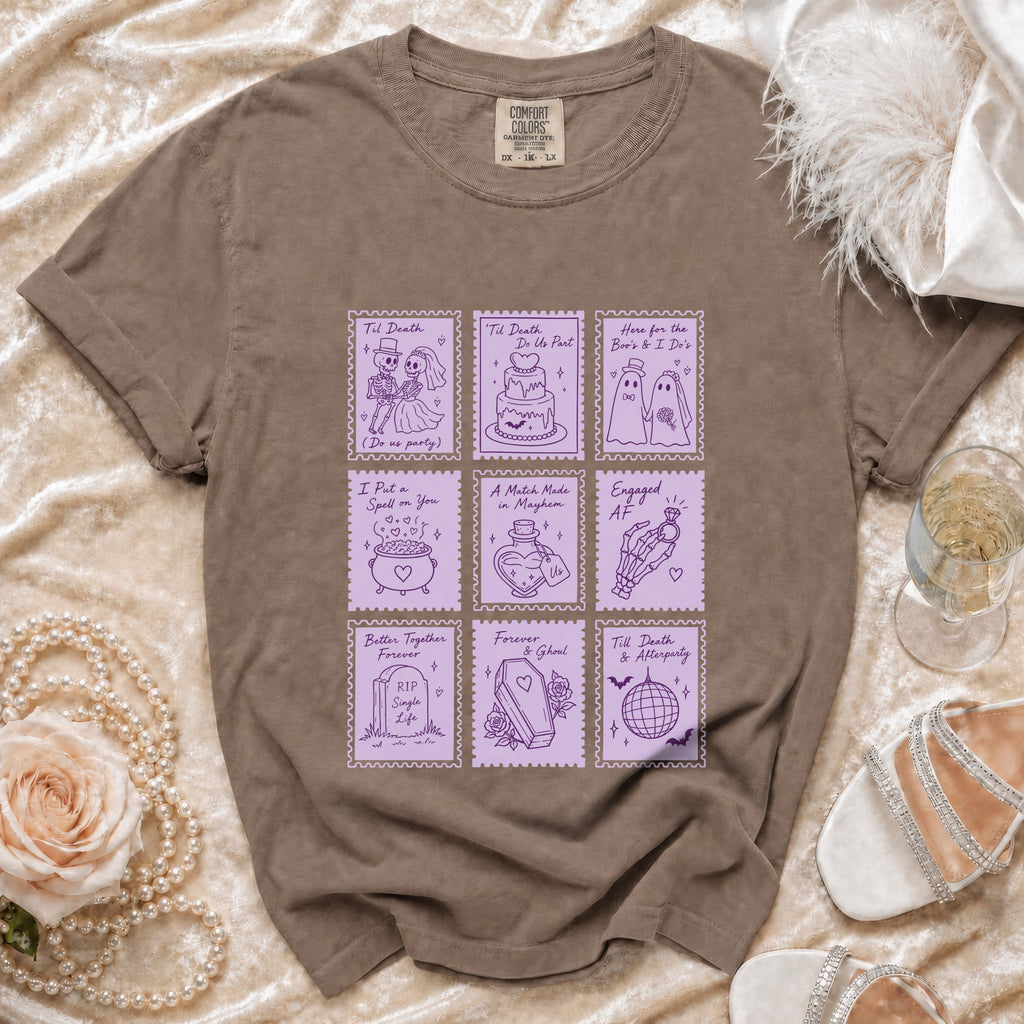 Brown t-shirt featuring a grid of purple postage stamp graphics with spooky wedding illustrations.