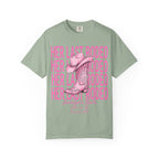 Green t-shirt with pink text "HER LAST RODEO" and cowboy boot graphic.