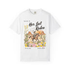 White t-shirt with "Her Last Rodeo" and a cowboy riding a horse illustration.
